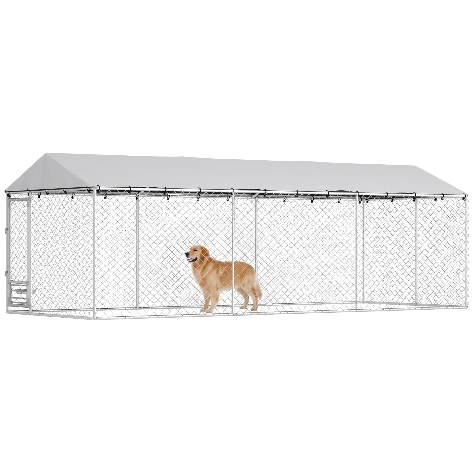 PawHut Dog Kennel Outdoor Dog Run with Waterproof UV-Resist Cover, Lockable Door, Adjustable Bowls, 20 x 7.5 x 6.5ft