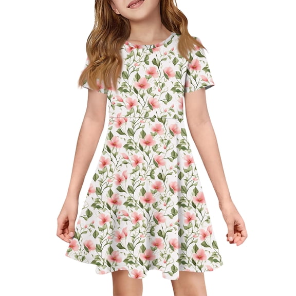 CCRFTGI Dresses for Children Girls Size 10-12 Basic Short Sleeve Summer A Line Swing Skater Dress Funny Floral Print Dresses Holiday Girls Fashion Watermelon Red 11-12 Years