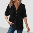 thumbnail image 4 of Waffle Shirt Women, Yigetop Womens Summer Knit Tops 2025 Short Sleeve Lightweight Drawstring Hoodies Pullover Button V Neck Casual Blouses Shirt Knit Shirts for Women Black XL, 4 of 7