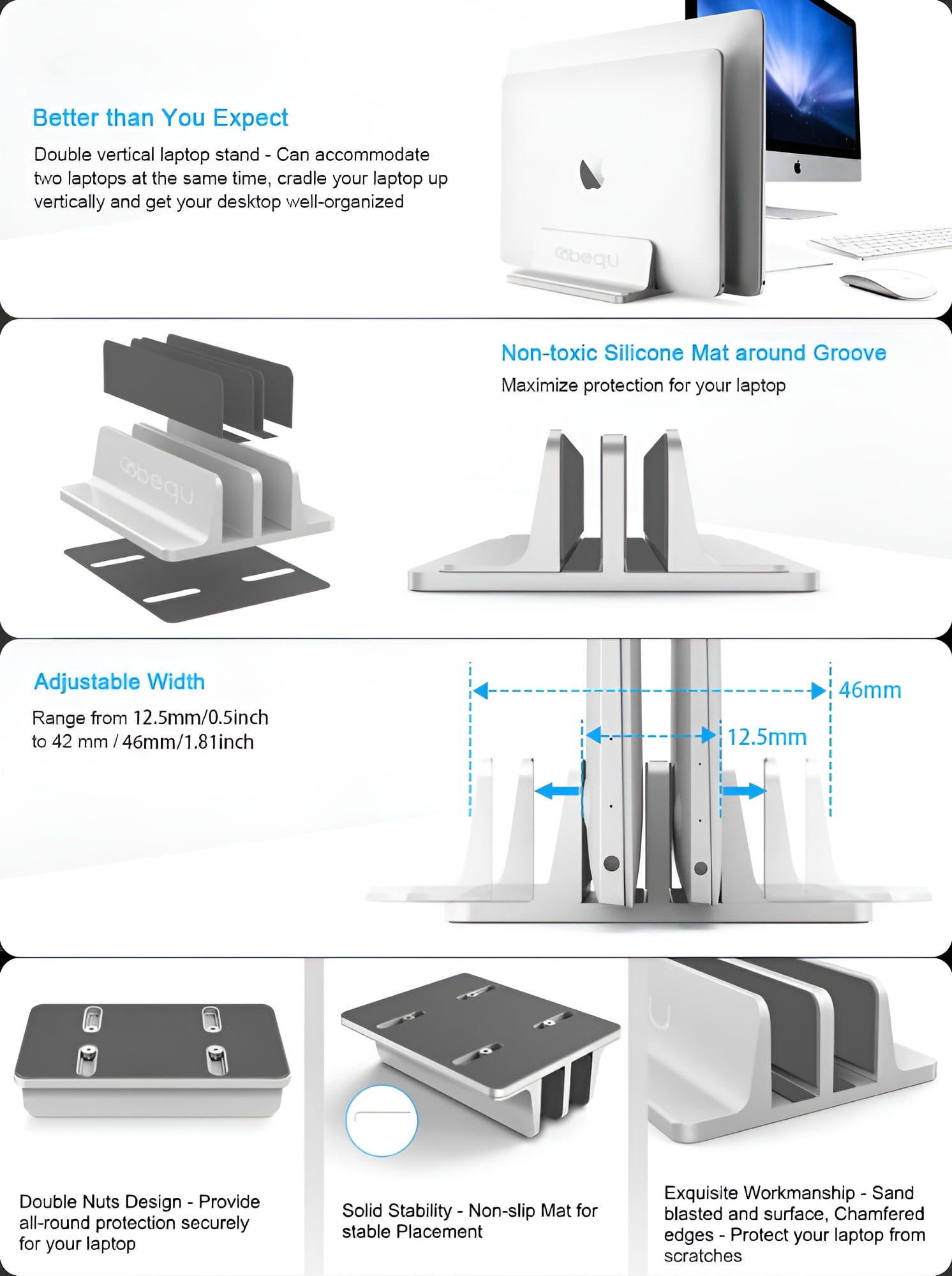 BEQU 2 Slots Vertical Laptop Stand/Holder (Silver), Heavy Duty Aluminum, Anti-Slip Silicone Pad, Adjustable, Fits All IPADs/Tablets/Laptops (MacBook/Windows/Linux/Chromebook upto 17.3 inches)