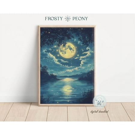 Mystical Moonlit Lakeside Forest Art Print Calming Lake Reflection Wall Art Serene Forest Lake Scenery Art Wall Art Modern Wall Decor 8x12 UNFRAMED