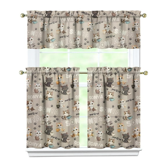 Kitchen Curtains 36 Inch Short - 3 Panel Set with Cute Cat Paw Pattern, Rod Pocket Window Curtain, 100% Polyester for Pet Lovers Farmhouse, Cafe, Kitchen, Bedroom, Easy Wash