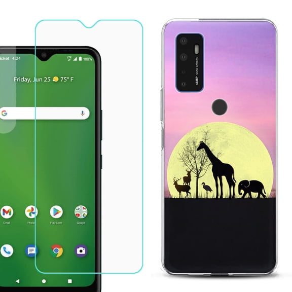 Slim-Fit Gel TPU Phone Case for Cricket Dream 5G, with Tempered Glass Screen Protector, by OneToughShield ® - Moonlight Safari