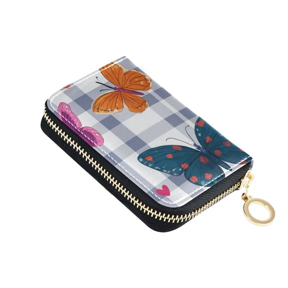 Blue Plaids Butterflies Hearts Valentine Women's Credit Card Holder PU Leather Zipper Wallet RFID Blocking