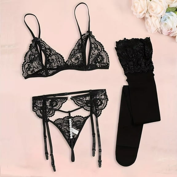 Women Bra and Panties Set Lingerie Set Sexy Lace See through Garter Belt Set Includes Bra Panties Stockings