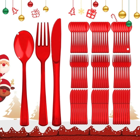 MKEUDQ-75 Pack Disposable Cutlery Set, Red Plastic Silverware Clear Heavy Duty Utensils Set Includes 25 Forks 25 Knives 25 Spoons for Birthday Wedding Party Picnics Outdoor Events (75, Red)
