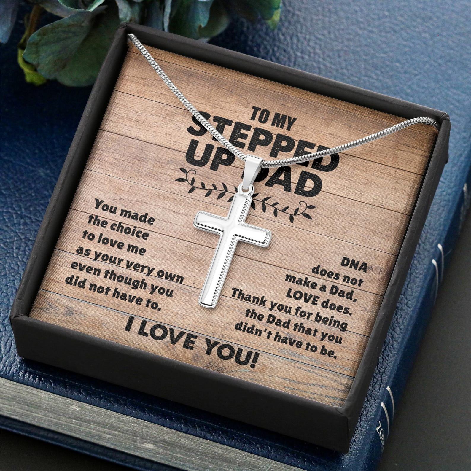 Cross Necklace Gift for Step Dad from Step Son with Message Card and Gift Box, Bonus Dad Jewelry, Christian Gift for Men, Father’s Day Present from Stepchild, Birthday Gift for Bonus Father