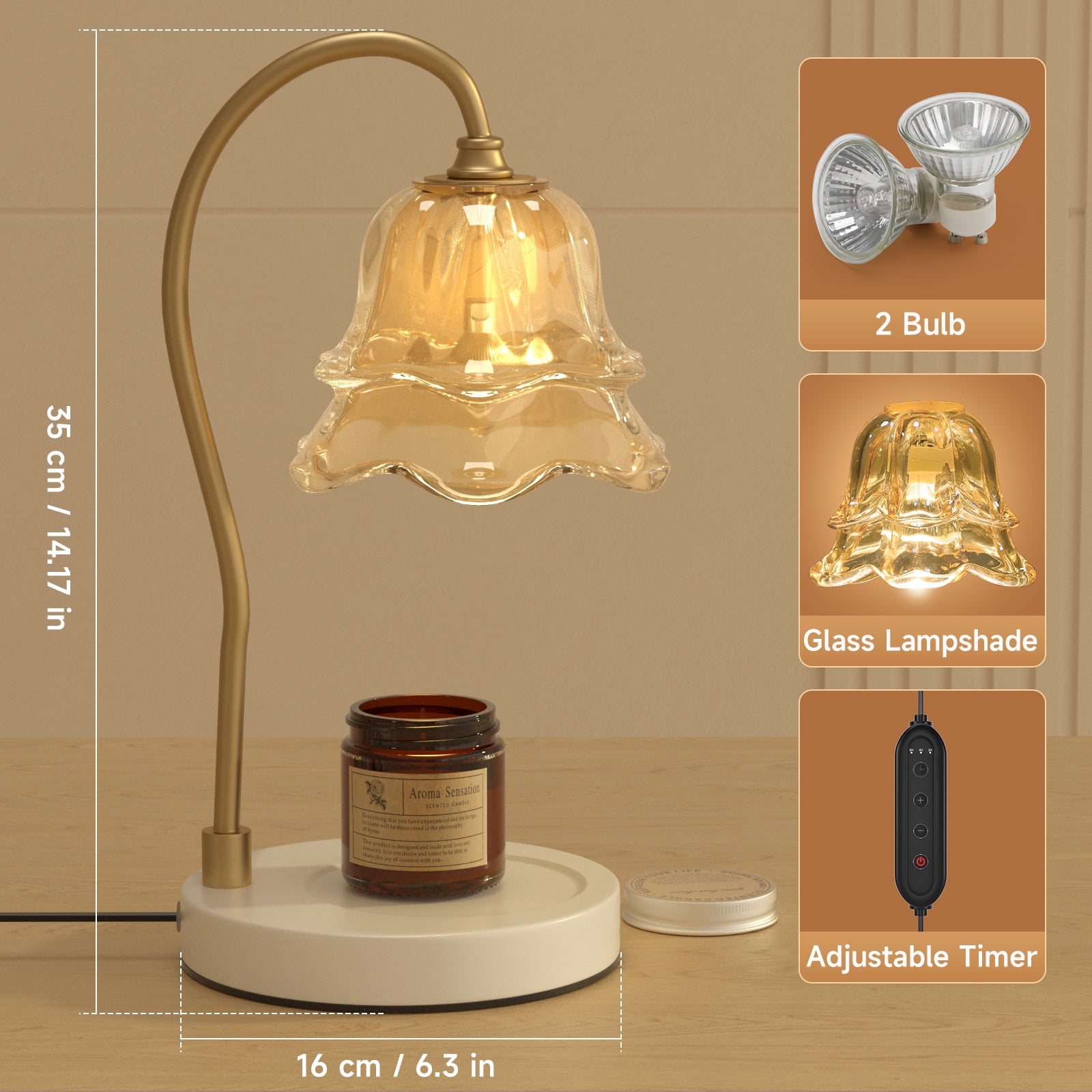 TOPTENG Candle Warmer Lamp, Dimmable Lantern with Timer, Wax Melt for Scented Candles, Compatible with Small & Large Jar, with 2 Light Bulbs Flower