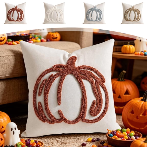 Fall Halloween Embroidered Pumpkin Throw Pillow Cover, Tufted Decorative Cushion Case, Elegant Home Decor for Couch, Sofa, Bed and Living Room Holiday Layout