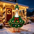 thumbnail image 5 of Christmas Tree Porch Goose Outfit, Lawn Goose Statue Xmas Tree Skirt Costume with Bow and Pom-pom, Green Christmas Garden Goose Clothes Dress and Hat for 23" High Statue Holiday Patio Yard Decor, 5 of 6
