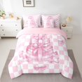 thumbnail image 2 of Homewish Kawaii Bowtie Ribbon 7-Piece Bedding Comforter Set,Classic Geometric Checkered King Bedding Sets,Pink White Bed Sheets For Girl Kids,Luxury Bedroom Decor Reversible, 2 of 8
