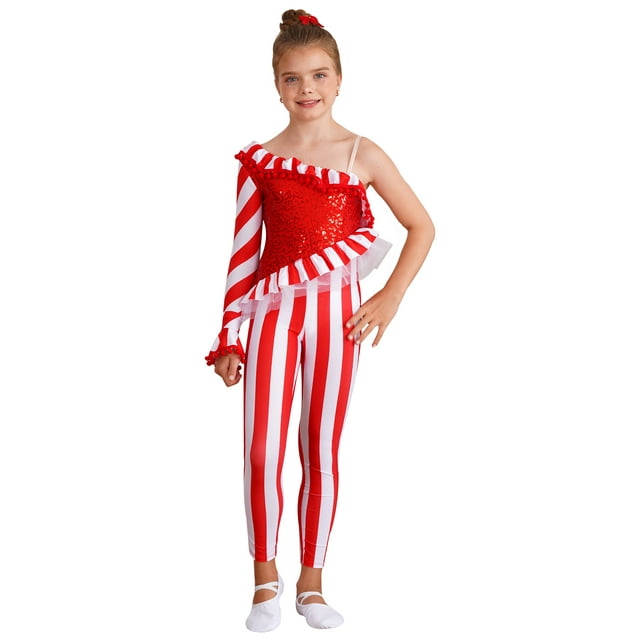 Sinleey Combinaison une Épaule à Manches Longues Rayée de Noël pour Filles Danse Gymnastique Performance Rouge 4