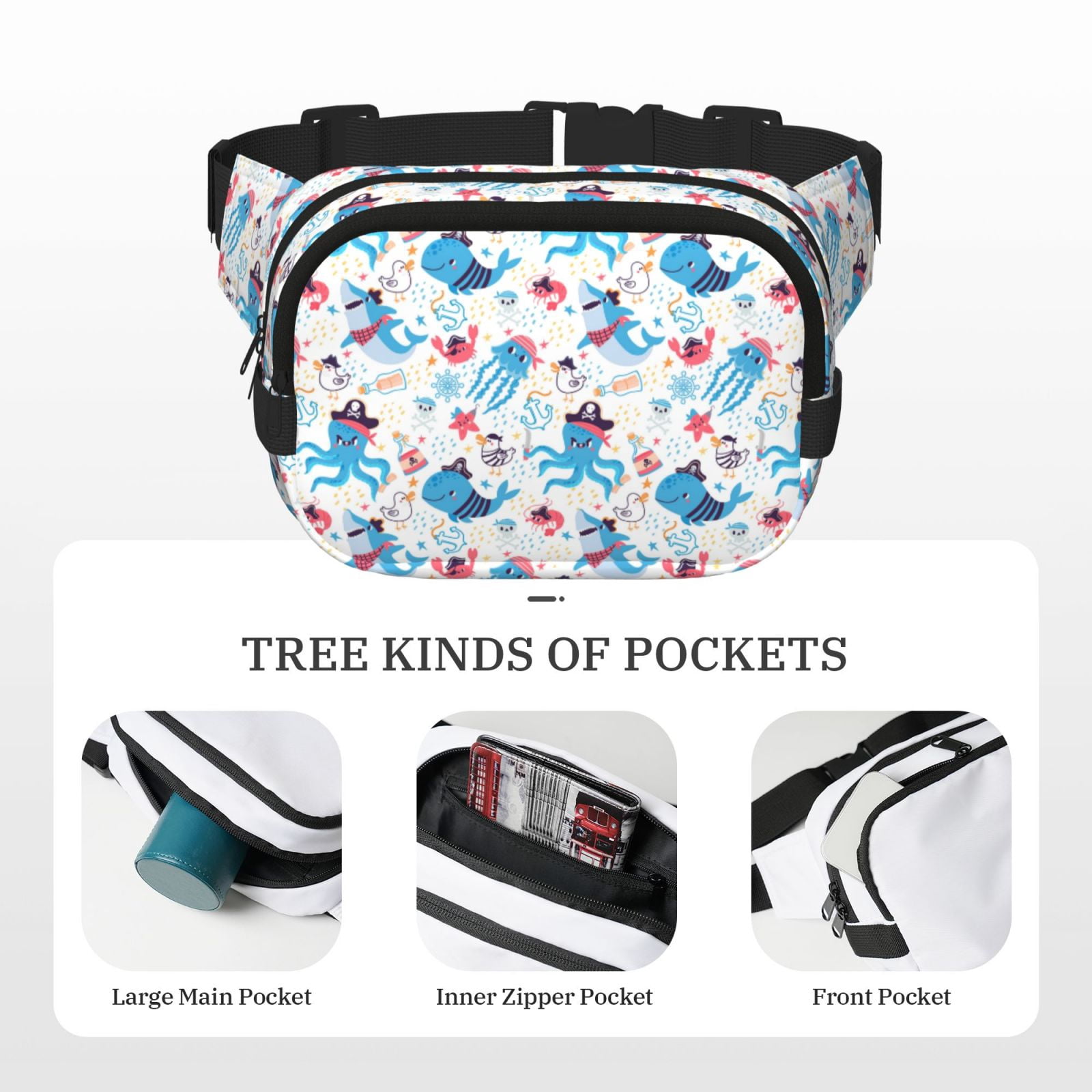 Fuzoiu Cute Shark Print Unisex Square Double Layer Waist Bag,Crossbody Fanny Pack Travel Workout Accessory