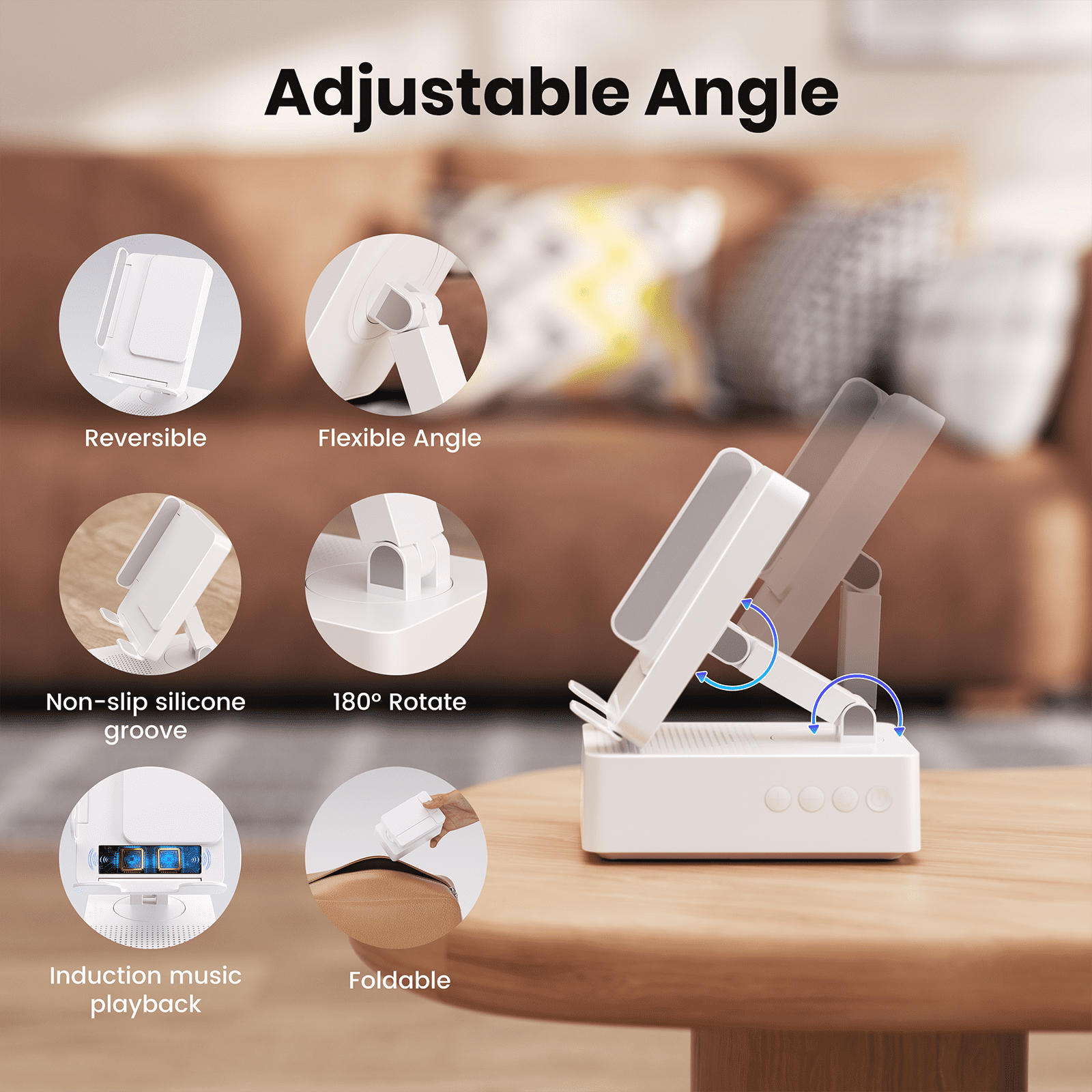 Wireless Induction Audio Bluetooth Speaker, Cell Phone Stand with Wireless Bluetooth Speaker, Unique Gifts for Men/Women, Adjustable Phone Holder with Colorful Ambient Light for iPhone/iPad