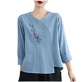 thumbnail image 2 of Busydd Plus Size Womens Tops M-4XL Casual Solid Color 3/4 Length Sleeve Going Out Tops for Women Trendy V Neck Embroidered Spring Summer Tops Comfy Peasant Cotton Linen Shirts, 2 of 4