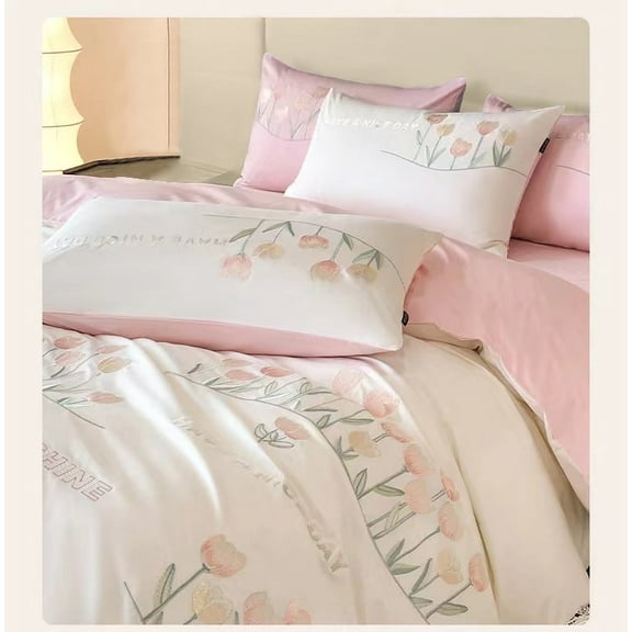 100% Cotton Duvet Cover Set 3Pcs Queen Exquisite Embroidery Pink Comforter Cover 2 Pillowcases Soft Breathable