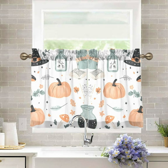 Yayeee Kitchen Curtains Light Filtering 27"x36" Rod Pocket Short Cafe Window Panel, Halloween Pumpkin