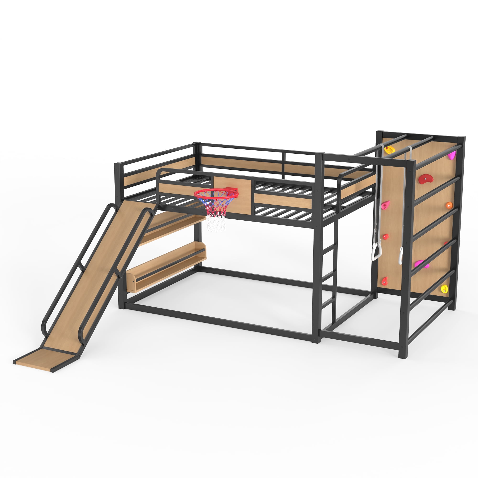 Full Size Loft Bed with Basketball Hoop, Pull-up Rings and Climbing Wall, Metal Loft Bedframe with Bulit-in Bookshelves, Kids Playhouse Bed with Slide for Boys Girls
