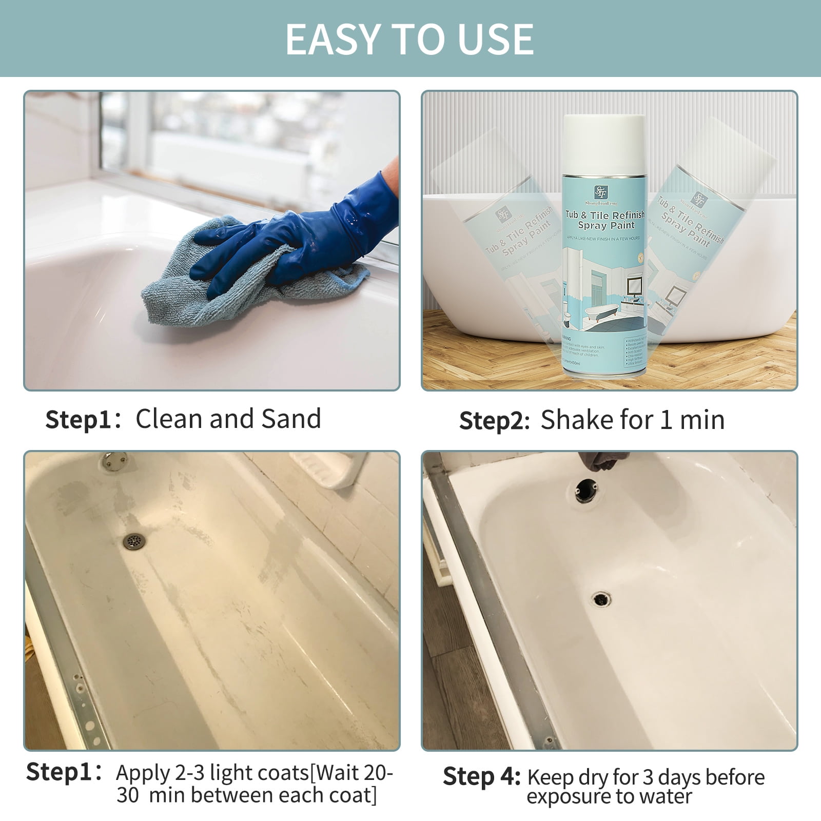 4PCS Tub and Tile Spray Paint - Bathtub Refinishing Paint with Porcelain-Like Finish, Water-Based Low Odor Tub Paint for Bathtubs, Countertops, Tiles & Ceramics,Black-16oz