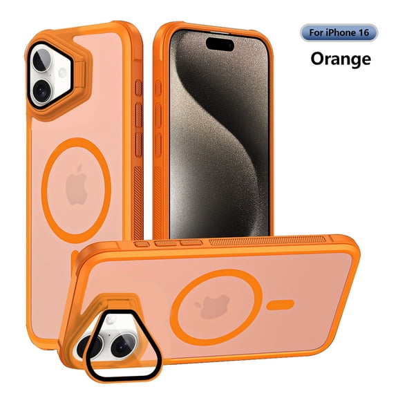 Magnetic for iPhone 16 Plus Case with Camera Cover Stand [Compatible with MagSafe] [Military-Grade Protection] Translucent Matte Slim Shockproof Phone Case Wireless Charging,Orange