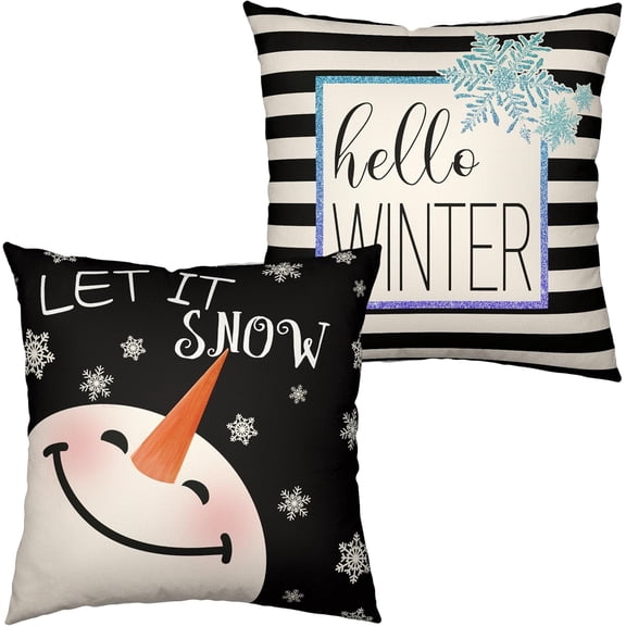Lovely Snowman Throw Pillow Covers Let It Snow Decorative Pillow Covers 16x16 Set of 2 Hello Winter Black Stripes Cushion Case for Living Room Holiday Decor Bedroom