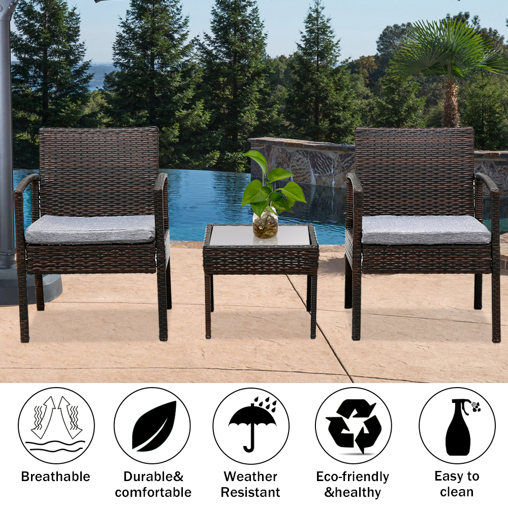 3-Piece Patio Furniture Sets in Patio & Garden, Outdoor Wicker Sofa Rattan Chair Garden Conversation Set for Backyard with Two Single Sofa, Removable Cushions, Tempered Glass Table, Q14120 - image 5 of 9