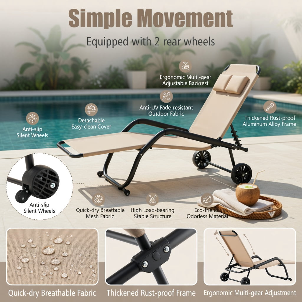Hommoo 2-Person Outdoor Rocking Chaise Lounge with Adjustable Canopy & Mobility Wheels, Metal Frame Patio Lounger for Backyard, Poolside, Deck, Beige