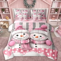 Manfei Cute Cartoon Snowman 7-Piece Twin Bedding Sets,Merry Christmas Bedding Comforter Set,Pink White Gray Sheet Sets For Girls Kids,Ultra Soft Home Decor Reversible