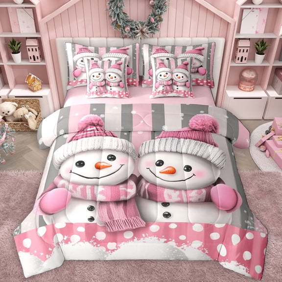 Manfei Cute Cartoon Snowman 7-Piece Twin Bedding Sets,Merry Christmas Bedding Comforter Set,Pink White Gray Sheet Sets For Girls Kids,Ultra Soft Home Decor Reversible