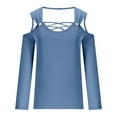 thumbnail image 4 of Women Cold Shoulder Long Sleeve Shirt Criss Cross Scoop Neck Tops Solid Color Tunic T-Shirts Blouse, 4 of 5