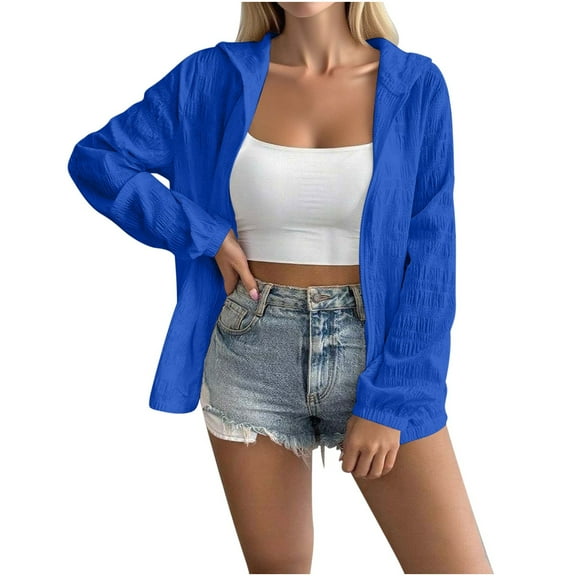 Womens Cardigan Cotton Linen Jacket Lightweight Loose Zip Up Hoodies Long Sleeve Sweatshirt Thin Hooded Tops Summer Outwear Womens Casual Zip Tops with Pockets 01-blue S
