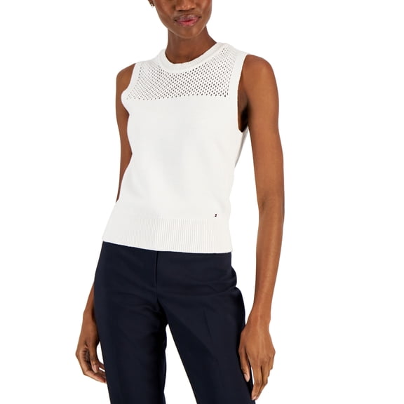Women's Cotton Mesh Yoke Sleeveless Sweater Bright White XL