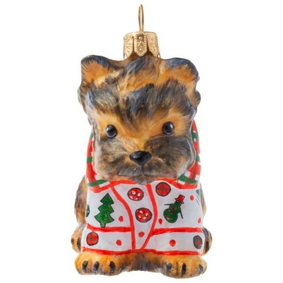 Joy To The World Yorkshire Terrier in Tartan Plaid Christmas Pajamas Ornament