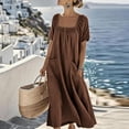 thumbnail image 4 of Ruimatai Women's Square Neck Gathered Short Sleeve Half-Button Loose Fit Casual Maxi Dresses with Pockets for Women Beach & Vacation Wear, 4 of 8
