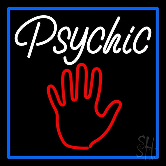 White Psychic With Blue Border LED Neon Sign 16" Tall x 16" Wide - inches Black Square Cut Acrylic Backing, with Dimmer - Bright and Premium built indoor LED Neon Sign for Storefront.