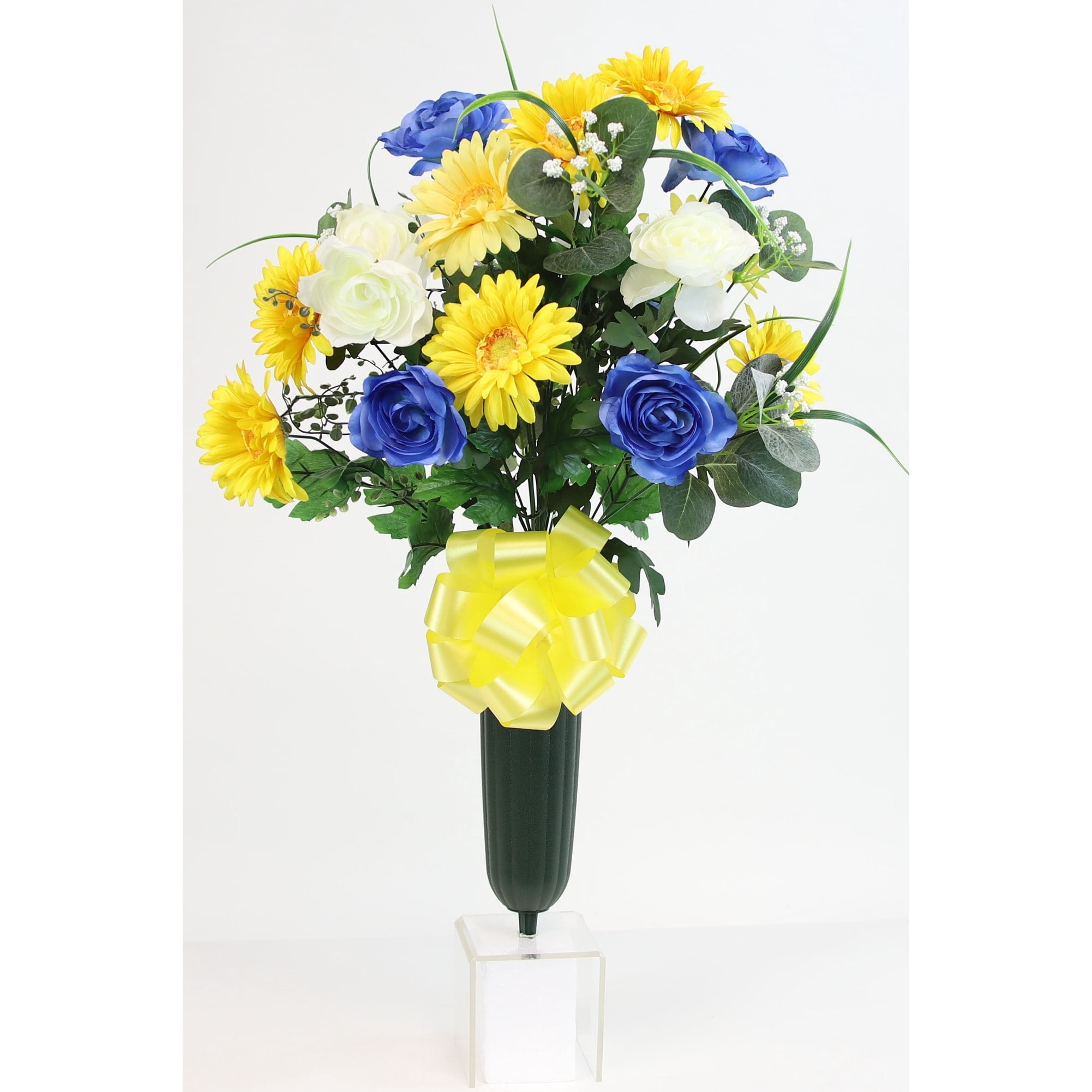 Round Gerbera & Ranunculus X24 Cemetery Vase - N/A Yellow, Burgandy, Pink, White