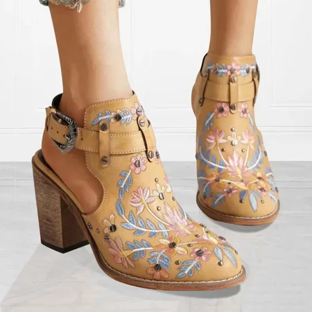 

Women‘s Embroidered & Studded Decor Chunky Heeled Boots Slingback Faux Leather Ankle Boots Women‘s Footwear
