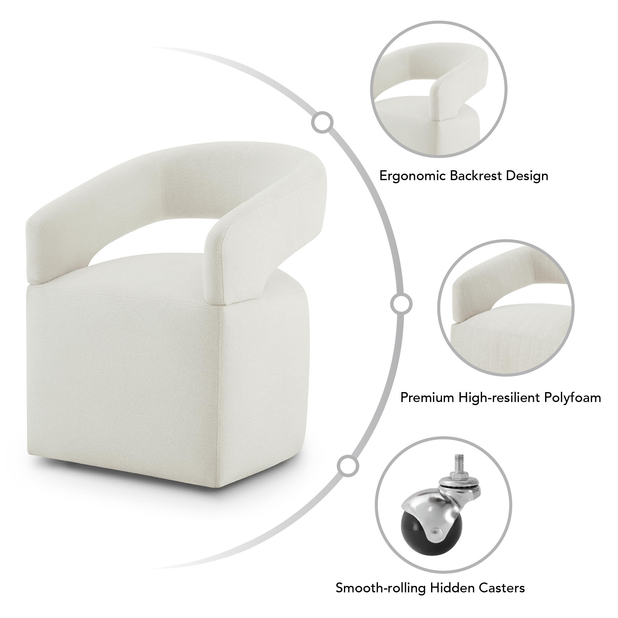 Spruce & Spring Upholstered Dining Chair with Open Back and Hidden Casters, Single, Ivory