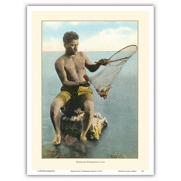 Hawaiian Fisherman - Fishing (Lawaiʻa) - Vintage Hawaiian Hand-Colored Postcard c.1910 - Master Art Print (Unframed) 9in x 12in