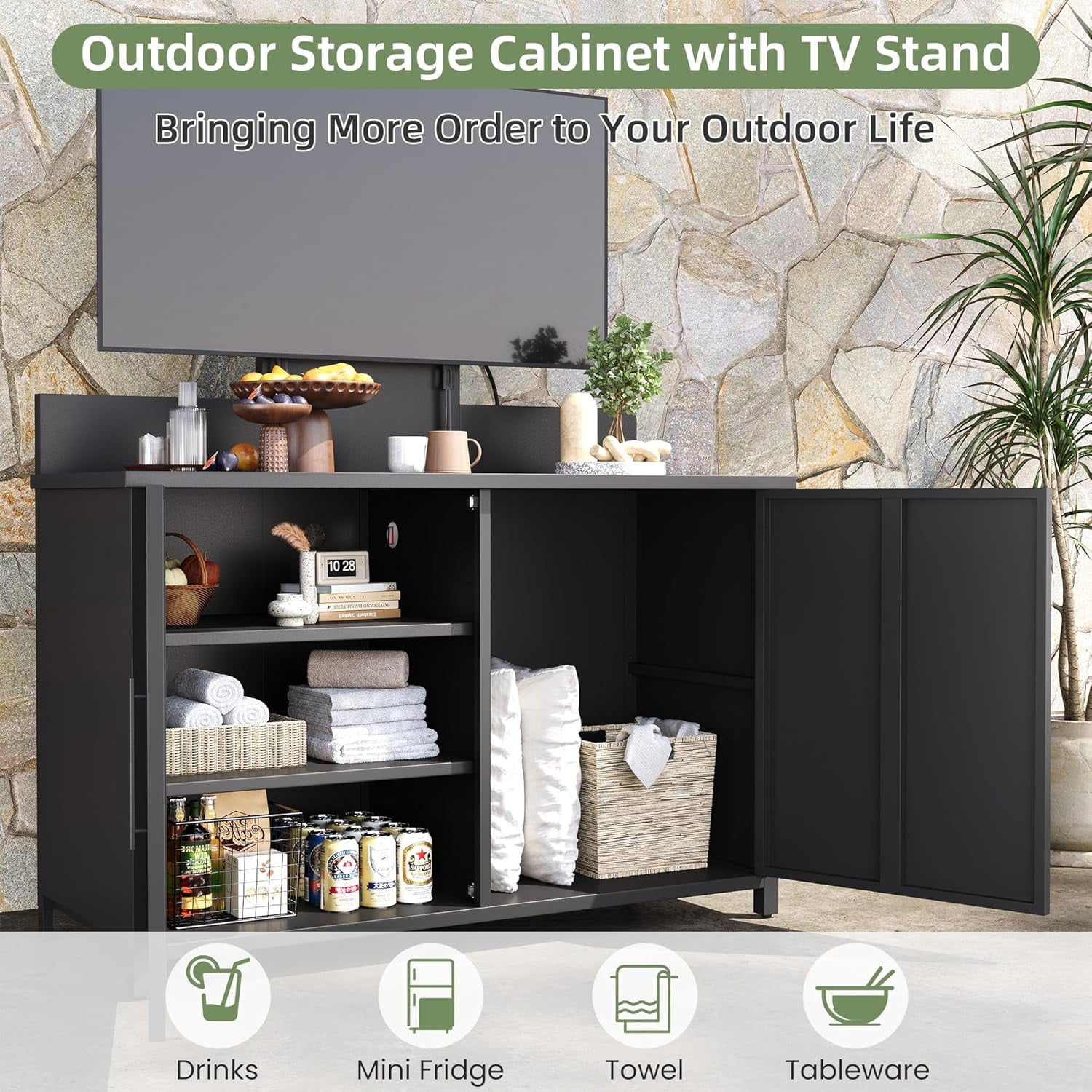 YODOLLA Outdoor Storage Cabinet with TV Mount for 40–85 Inch TVs, Outdoor TV Stand with Storage Cabinet Waterproof, Heavy Duty Metal Entertainment Center for Mini Fridge Storage in Black