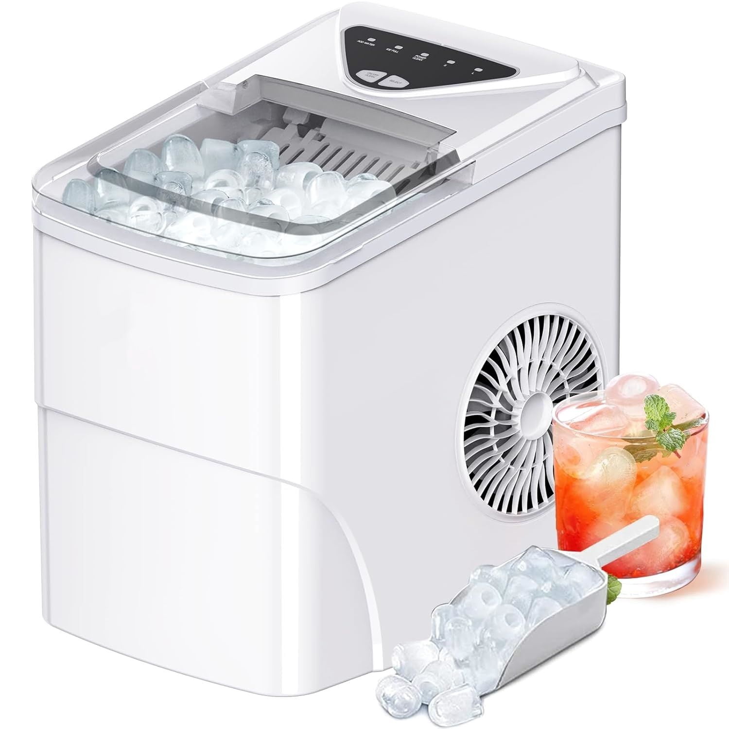 Ice Makers Countertop, 9 Cubes Ready in 6 Mins, Self-Cleaning Ice Machine with Ice Scoop and Basket, 26lbs in 24Hrs, 2 Sizes of Bullet Ice for Home Kitchen Office Bar Party, White
