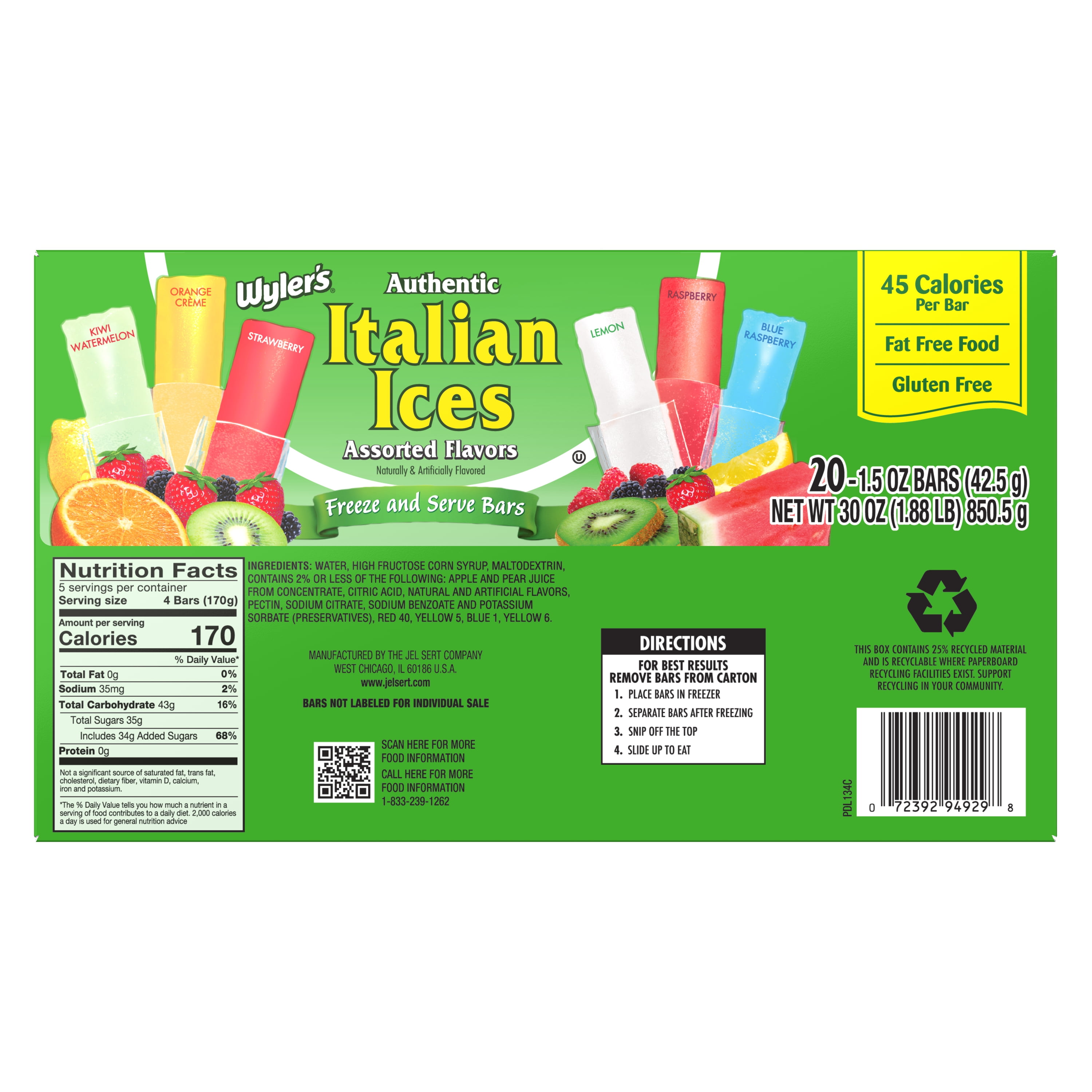 Wyler's Authentic Italian Ices Freeze and Serve Bars Variety Pack, Gluten-Free, 1.5 oz Bars, 20 Count