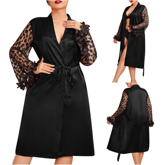 Womens Soft Pajama Clearance- Silk Satin Lace Sexy Bathrobes Plus Size Robe Sleepwear Black Size 5XL