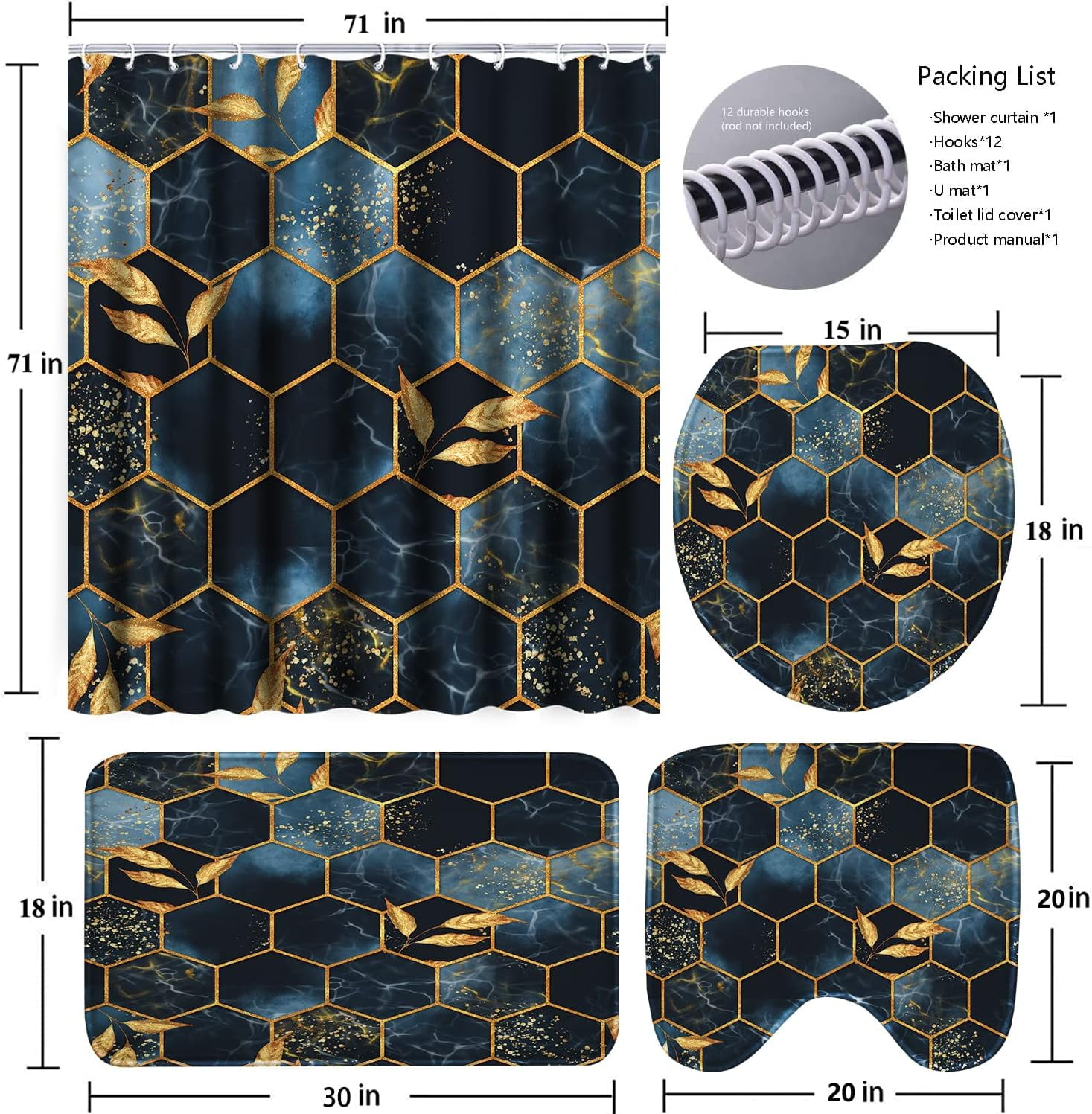 4 Pcs Bathroom Shower Curtain Set,Bathroom Sets with Rugs(Bath Mat,U Shape and Toilet Lid Cover Mat) and 12 Hooks,Sky Blue Honeycomb Marble