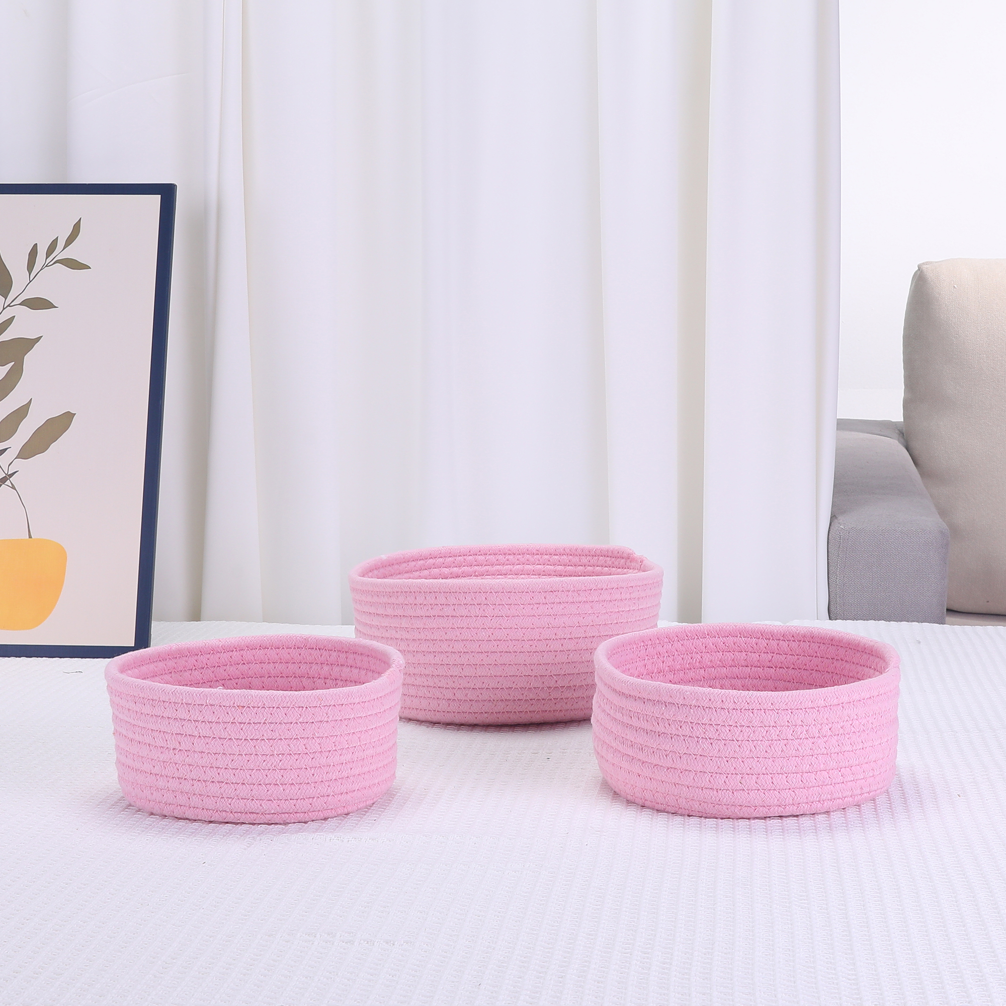 Unique Bargains Round Woven Storage Basket Small Storage Bin for Home Decor Pink L