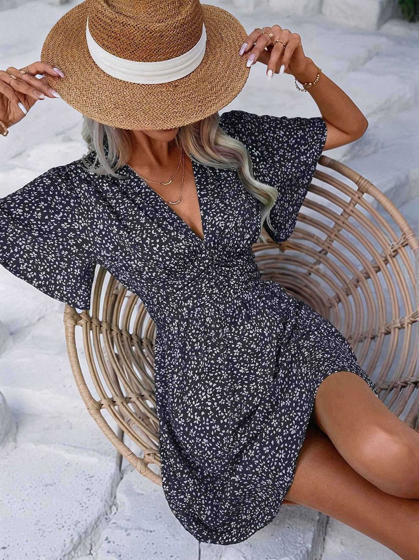 Women Summer Casual Floral Print Short Flutter Sleeve Mini Dress Casual Sundress V Neck Sun Dresses Black S