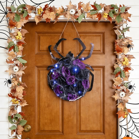 XEAZON Halloween Spider Decorations with Cobweb,Artificial Purple Rose Flower Spider Wreath for Front Door Hanging Decor,Halloween Party Indoor Outdoor Decor Hanger,Halloween Accessories with Lights