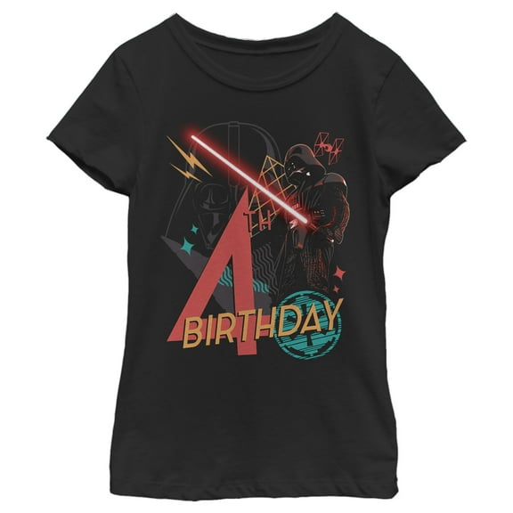 Girl's Star Wars Darth Vader 4th Birthday Abstract Background  Graphic Tee Black Large