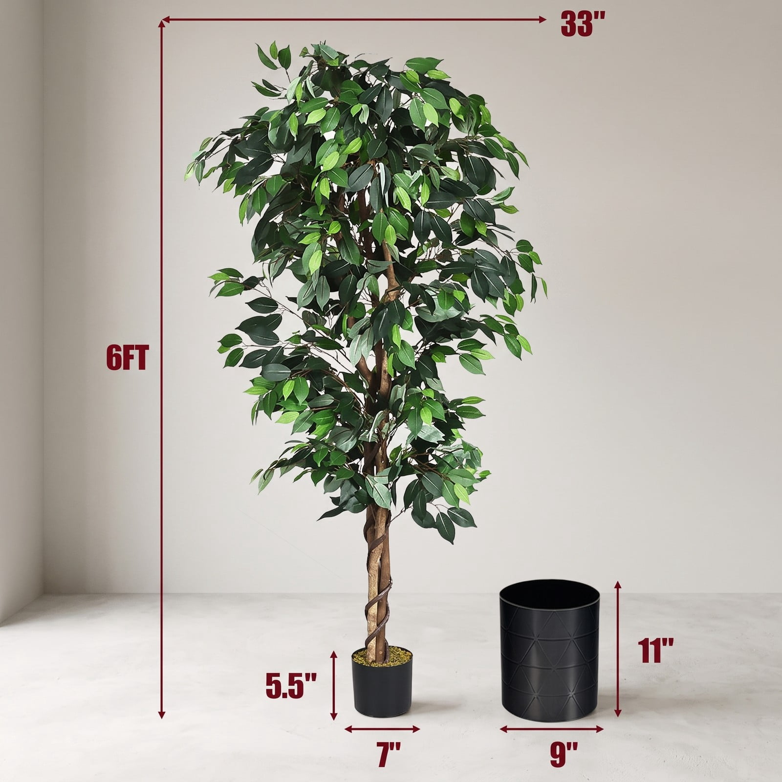 ALPULON 6 Feet Artificial Ficus Silk Tree, 71 Inch Faux Ficus Plant with 1008 Leaves and Cement Base Paper Pot for Home Office Entryway Living Room Decor, Green