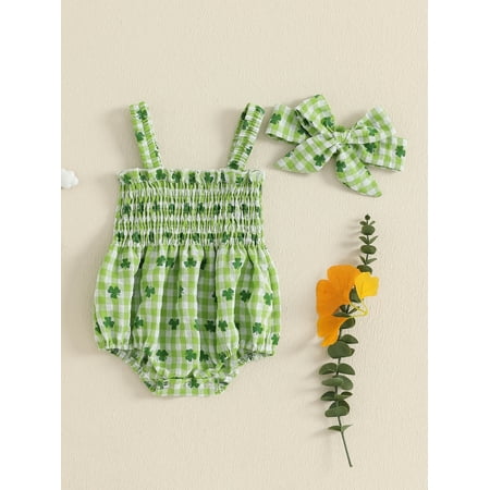 

Mama s sunshine Baby Girl Irish Day Outfit Casual Shamrock Plaid Print Summer Jumpsuit and Headband Set Fashion Clothes Outfits
